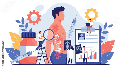 Chiropractic and orthopedic treatment flat vector illustration featuring tiny medical professionals analyzing human anatomy, spine health, and chronic pain relief.