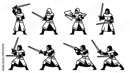Collection of armored knight characters in various combat poses with longswords, showcasing historical fencing positions and warrior stances.