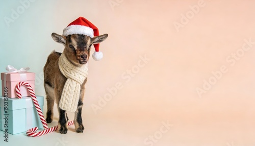 A festive goat wearing a Santa hat and scarf beside colorful gifts.