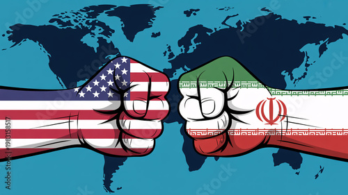 A symbolic illustration of the United States and Iran in a confrontational stance with a world map in the background.