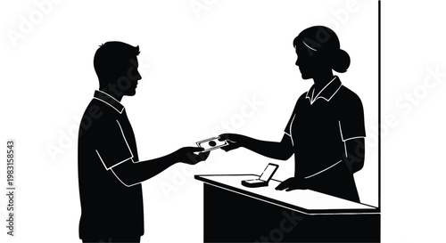 Businessman paying with credit card to female cashier at checkout counter in retail store during daytime transaction