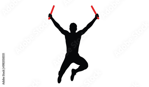 A triumphant athlete celebrates a victory with arms raised holding two bright red batons above their head a striking silhouette high quality professional detailed