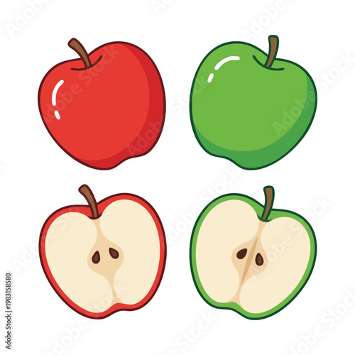 Red and Green Apples Whole and Halved Illustration Set