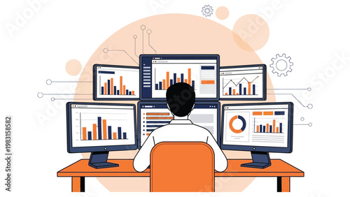 Data analyst or software engineer working at a multi-monitor desk workstation analyzing financial charts, graphs, and system statistics in a flat vector style