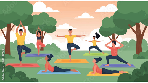 Diverse group of multicultural men and women practicing yoga together in a public park during a guided group wellness class, flat vector illustration