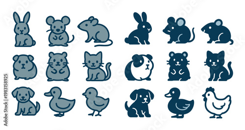 Animal icons depicting small pets and farm birds