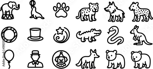 Circus animal icons arranged in grid layout
