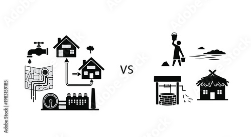 Modern water infrastructure vs traditional water collection silhouette comparison