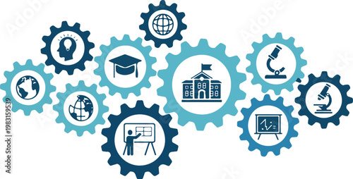 Education and school concept vector illustration featuring interconnected gears with academic icons for learning science and global knowledge development,