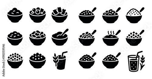 Cereal and breakfast bowls with beverage icons