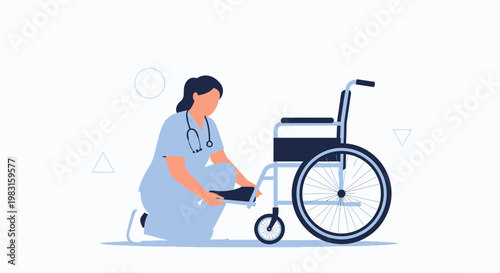 Nurse adjusting wheelchair for patient, healthcare assistance, medical support, accessibility
