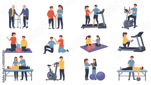 Healthcare and disability support illustrations featuring professional therapists assisting patients with massage, treadmill walking, stationary bikes, and weight training