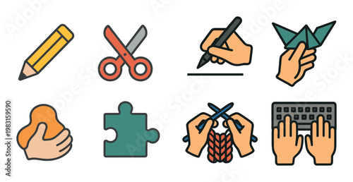 Handcraft tools and creative activity icons set