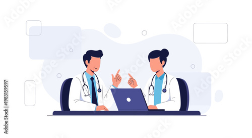 Doctors Discussing Medical Case with Laptop and Stethoscope