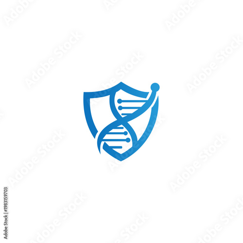 A blue shield with a DNA helix and a leaf design on a white background.