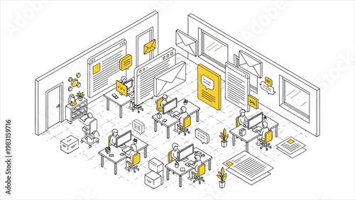 Isometric vector illustration of a modern busy office with employees working on computers and floating digital communication icons like emails and chat bubbles