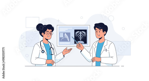 Doctors discussing medical x-ray images of spine and bones, illustration