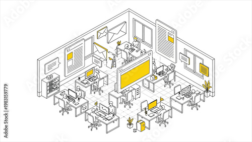 Isometric vector illustration of a modern busy office with employees working on computers and floating digital communication icons like emails and chat bubbles