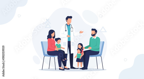 Family Doctor Visit: Parents and Children Consult with Physician in Clinic