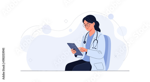 Female doctor with stethoscope and tablet, modern medical illustration