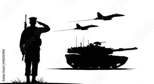 Military Salute: Soldier, Tank, and Fighter Jets in Silhouette