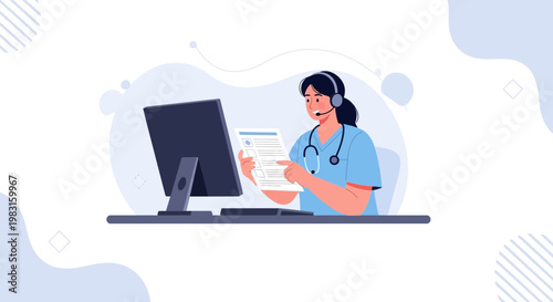 Healthcare professional with headset and stethoscope working on computer, telemedicine concept