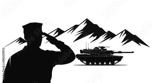 Military Salute: Soldier, Tank, and Mountain Landscape Silhouette