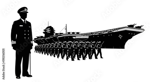 Naval Officer Oversees Aircraft Carrier and Marching Sailors in Formation