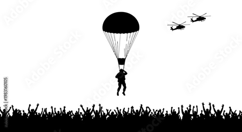 Parachutist Descends Above Cheering Crowd, Helicopters Fly Overhead