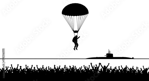 Parachutist Jumps from Submarine onto Cheering Crowd Silhouette