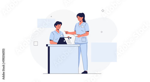 Medical professionals collaborating at a desk with laptop and documents