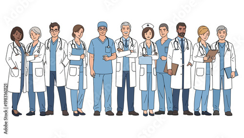 Large team of multiethnic male and female medical professionals with stethoscopes and clipboards, flat line art vector illustration isolated on white