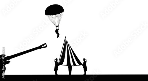 Parachutist Landing on Tent Held by People Fired from Cannon