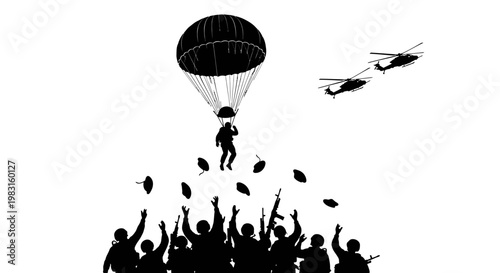 Paratrooper Descends Amidst Helicopters and Cheering Crowd, Military Operation