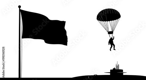 Paratrooper Descends Near Submarine and Flagpole Silhouette