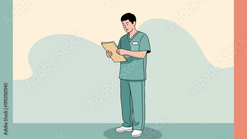 Male Nurse in Scrubs Reviewing Medical Chart on Clipboard