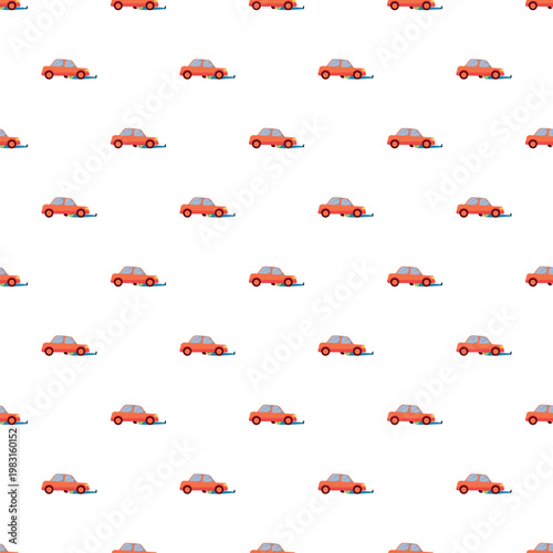 Orange cartoon cars acting as snowplows creating a repeated winter pattern