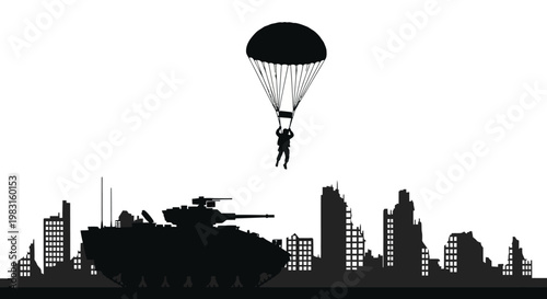 Paratrooper Descends Over Ruined Cityscape with Tank Silhouette