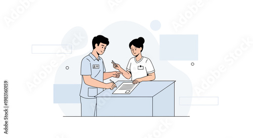 Medical staff at reception desk, patient signing document, healthcare concept illustration