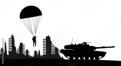 Paratrooper Landing in War-Torn City with Tank Silhouette