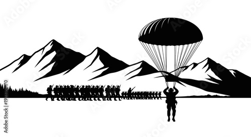 Paratrooper Landing with Military Unit Marching in Mountains - Black and White