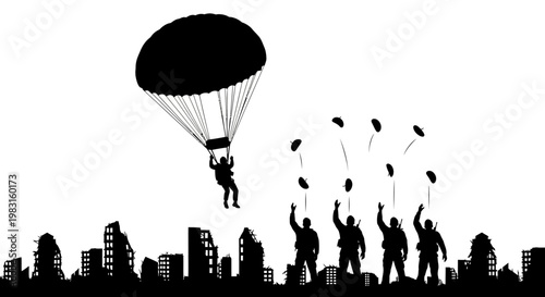 Paratroopers Descend on Ruined Cityscape Silhouette