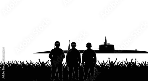 Silhouette of soldiers and submarine with cheering crowd, symbolizing military power and national pride