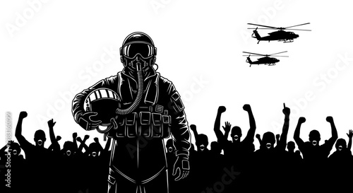 Pilot Hero, Helicopter, Crowd Celebration, Freedom, Victory, Patriotism, Silhouette