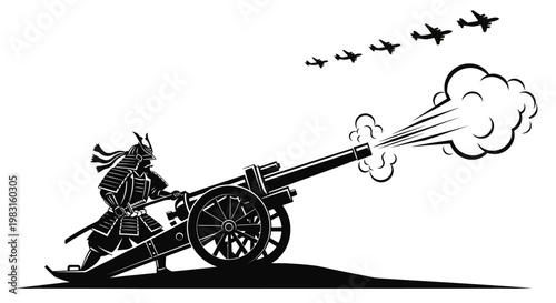 Samurai Warrior Fires Cannon at Airplanes, Historical Warfare Concept Art