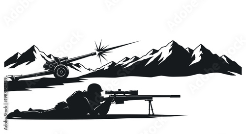 Sniper Aiming Rifle, Artillery Firing in Mountainous Landscape, Military Combat Scene