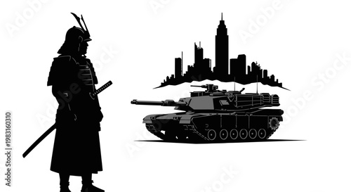 Samurai Warrior Facing Modern Tank and City Skyline Silhouette