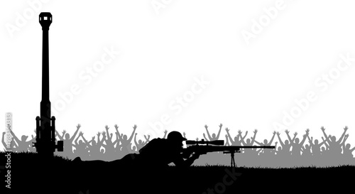 Sniper Aiming Rifle Silhouette with Crowd Cheering Background