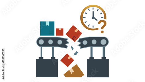 Vector illustration of a broken conveyor belt with falling boxes, a clock, and a question mark, representing supply chain disruption, logistics failure, production delays, and industrial issues