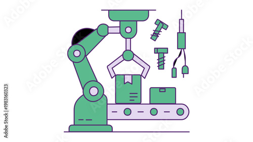 Automated robotic arm on a conveyor belt handling packages in a smart factory, vector icon illustration for supply chain management, logistics, manufacturing, and industrial automation technology.